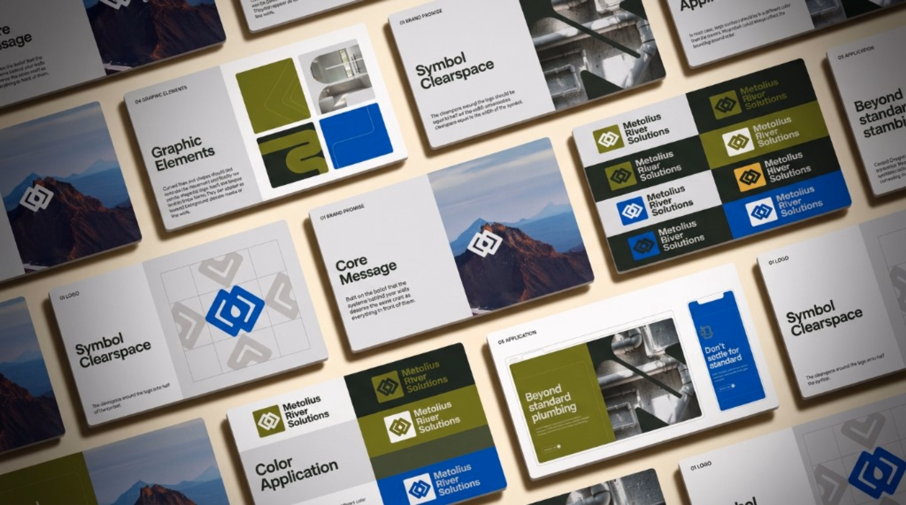 Brand guide spread covering logo clearspace, graphic elements, a core message, color, and applications