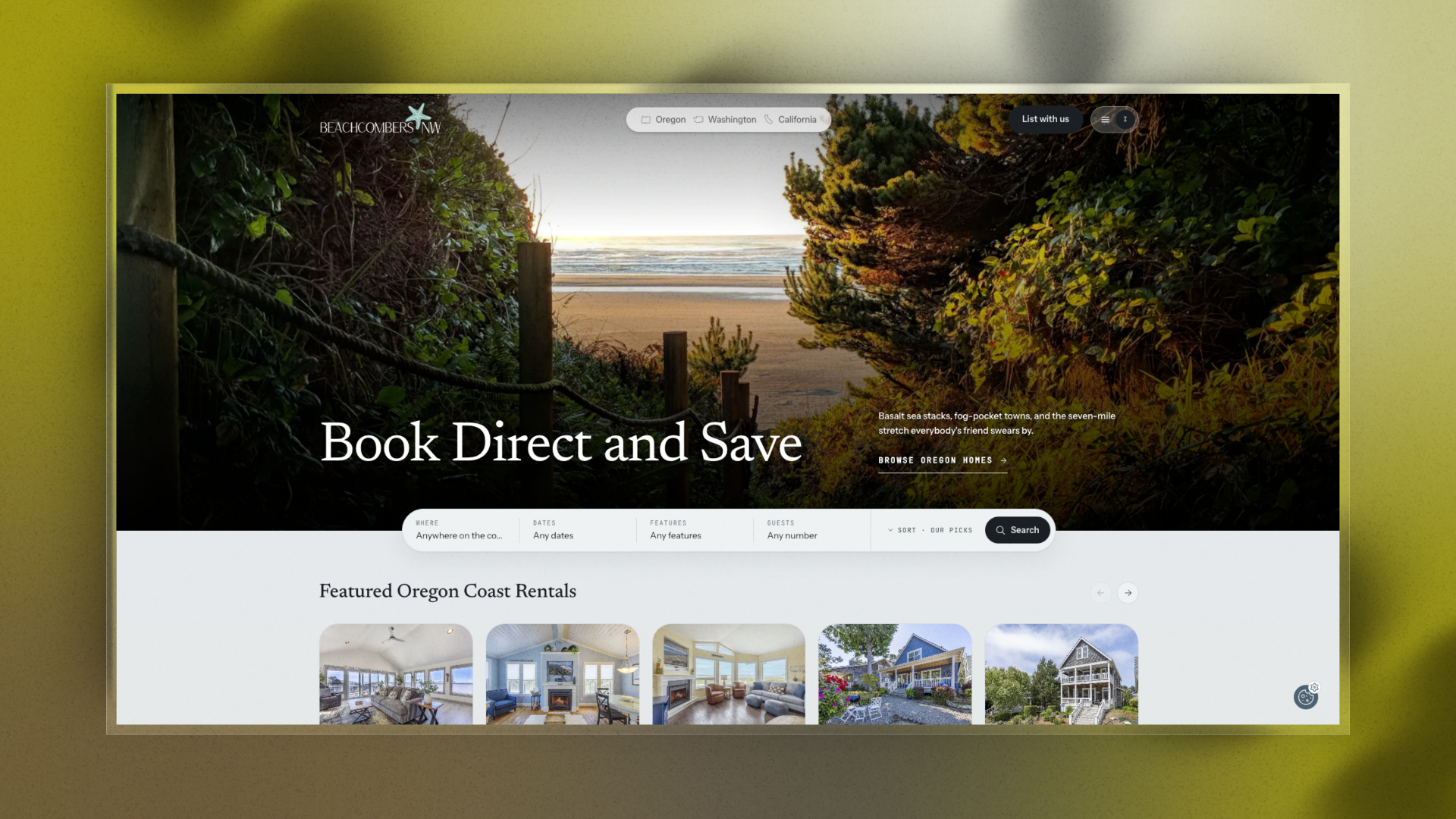 Beachcombers NW homepage on a yellow-green background, with a beach path and the headline Book Direct and Save.
